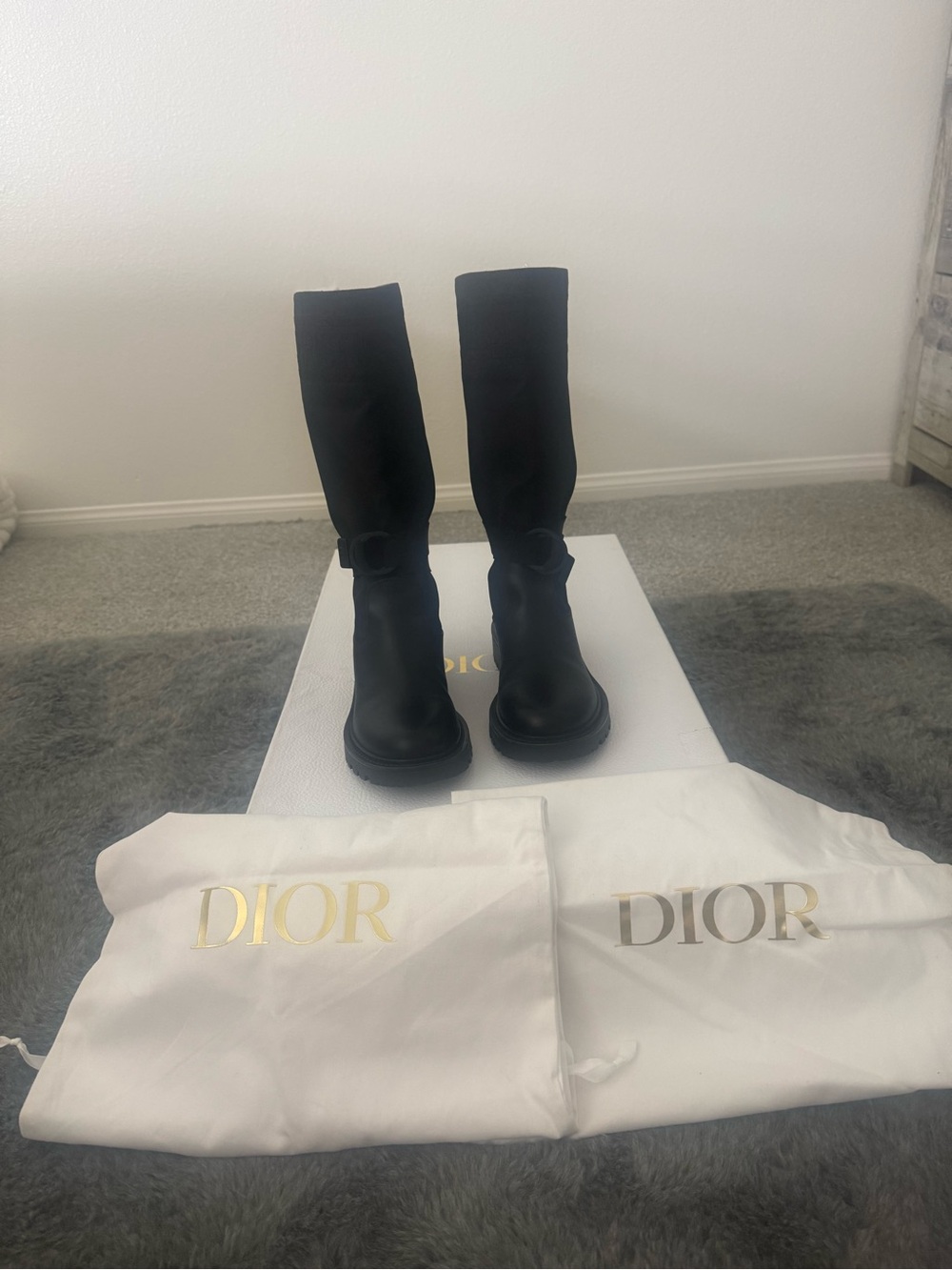 Dior Black D-Major Leather Combat Boots with Ankle Strap